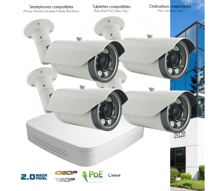 Kit de vidéo surveillance IP avec 4 caméras avec zoom autofocus