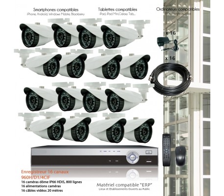 Kit de vidéo surveillance avec 16 caméras extérieures IR 20m