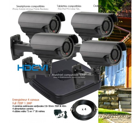 Système video surveillance HDCVI avec 4 caméras extérieures varifocales