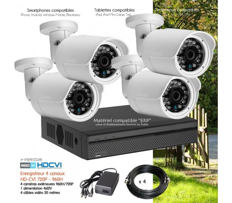 Kit de vidéo surveillance 4 caméras extérieures 960H et 720P