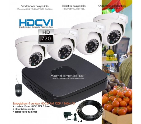 Kit de vidéo surveillance HD 720P avec 4 dômes infrarouges 25m