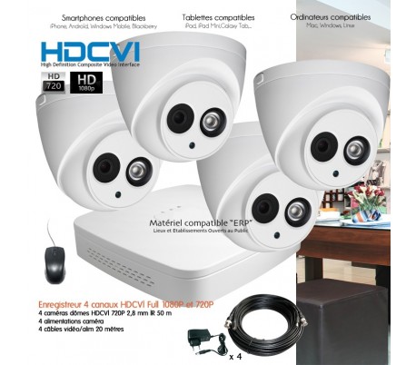 Système de vidéo surveillance HDCVI avec 4 caméras dômes